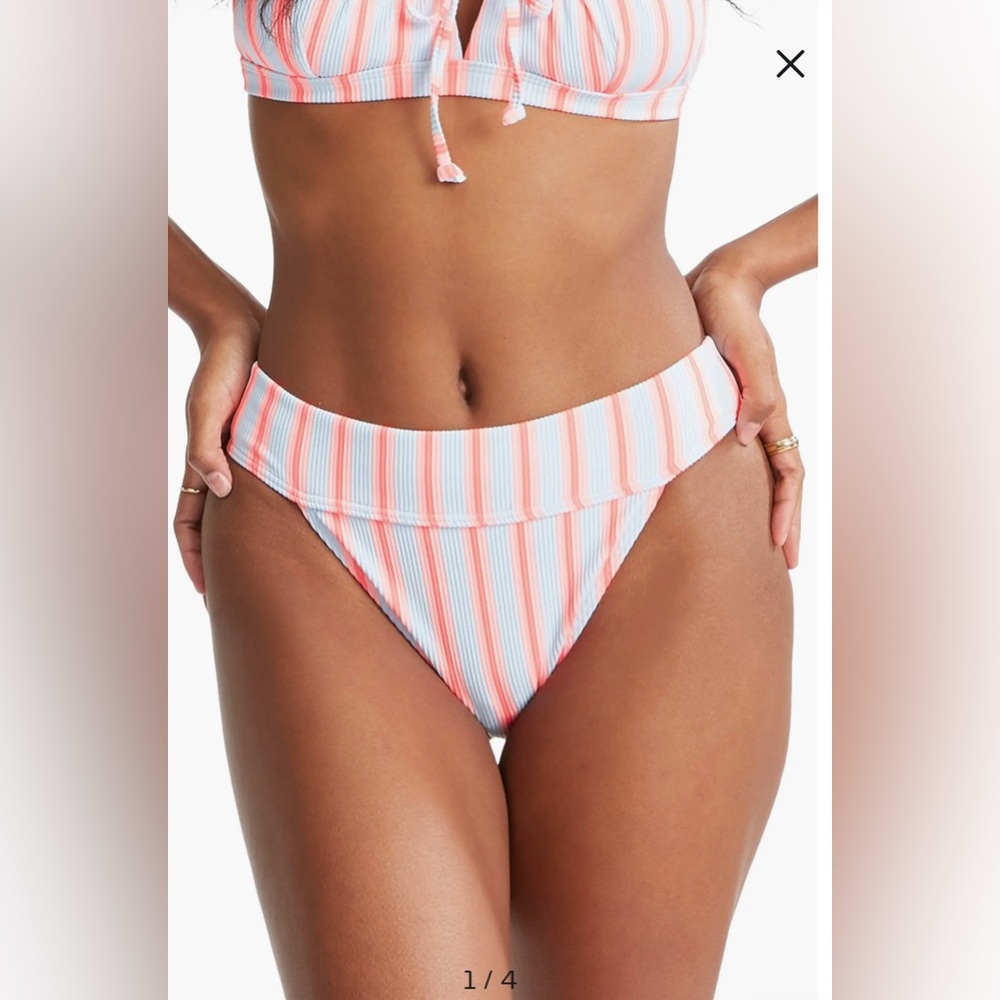 Billabong Coral, White & Light Blue Striped High-Waist Bikini Bottom